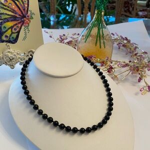 Vintage Black Onyx Beads Brass Clasp Strand Necklace